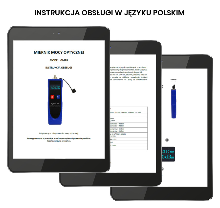 Polska instrukcja Miernika mocy optycznej -70 ~ +6 dBm 2,5mm GM28 
